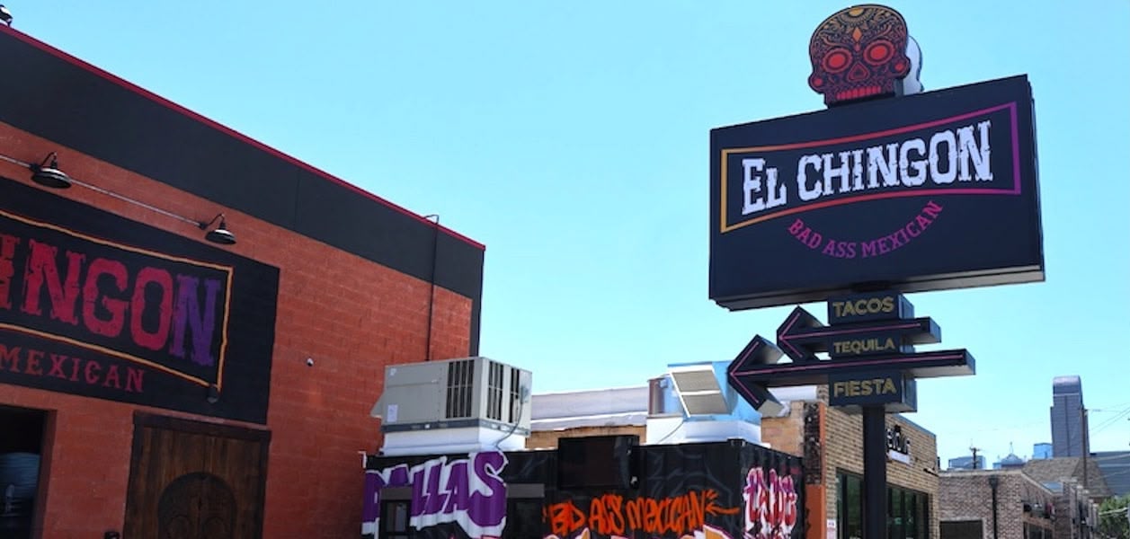 A photo of the front entrance and signage of El Chingon Dallas